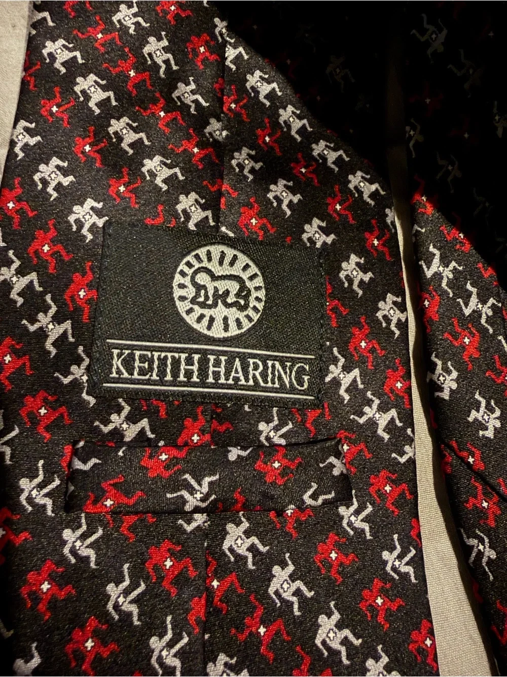 Black Silk Tie with Red and White Geometric Motif